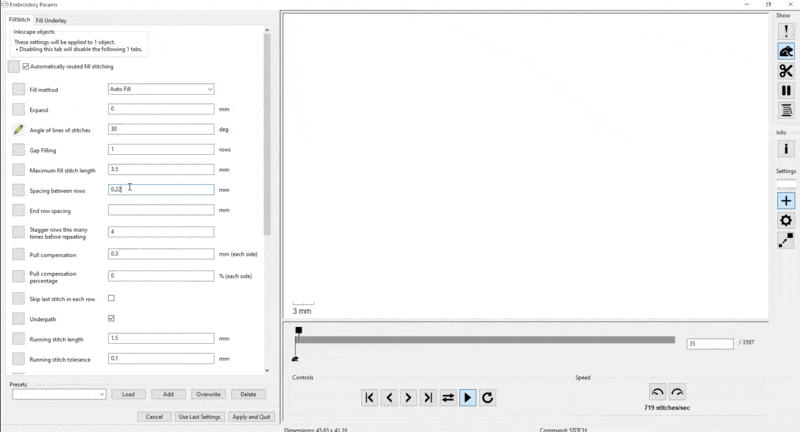 A screen recording depicting Ink/Stitch UI and the vector drawing of an elephant being converted into embroidery patterns